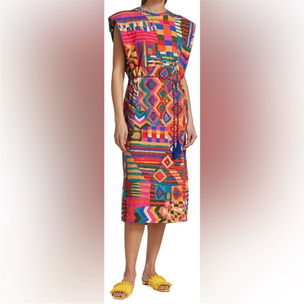🪘 FARM Rio Multicolor Geometric Patches Tribal twist rope belted Dress Large - Picture 3 of 14